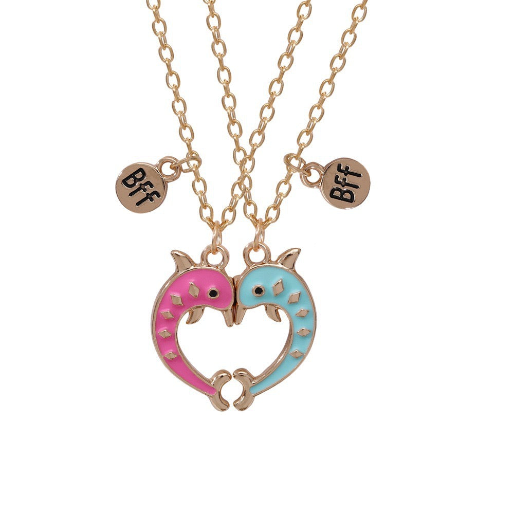 CHILDREN - Set of 2 Dolphin Heart Friendship Necklace Chains - BFF Best Friends Forever - Fancy - Magnetic Pendant with Gold Chain