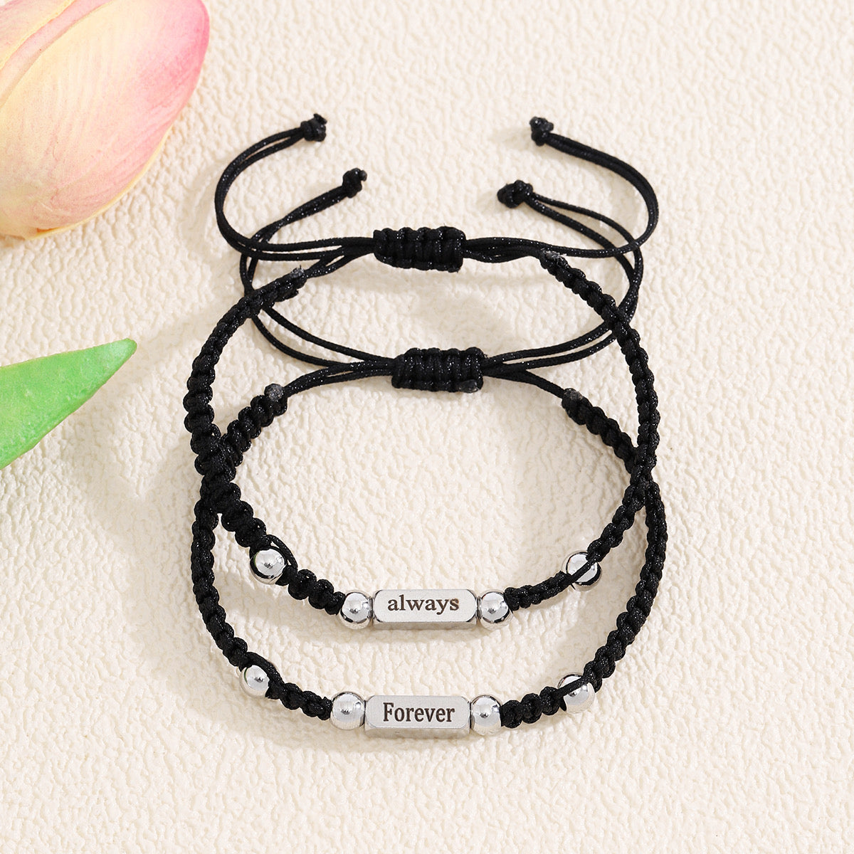 Set of 2 Adjustable Cord Bracelets Forever Always Friendship - BFF Best Friends Forever - Fantasy - Pendant