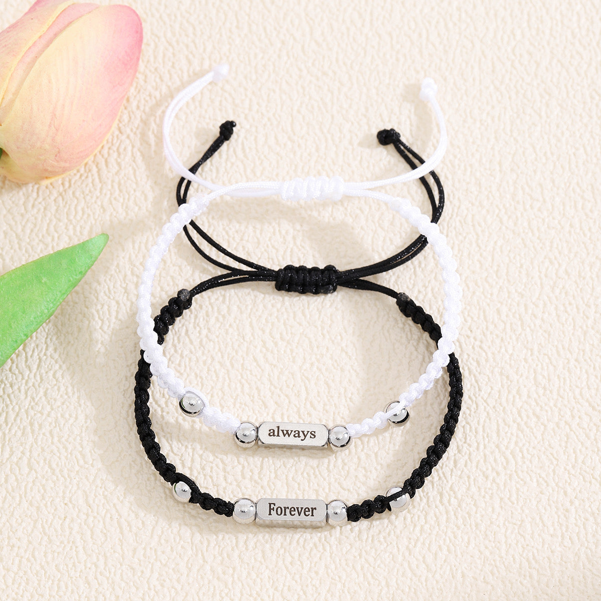 Set of 2 Adjustable Cord Bracelets Forever Always Friendship - BFF Best Friends Forever - Fantasy - Pendant