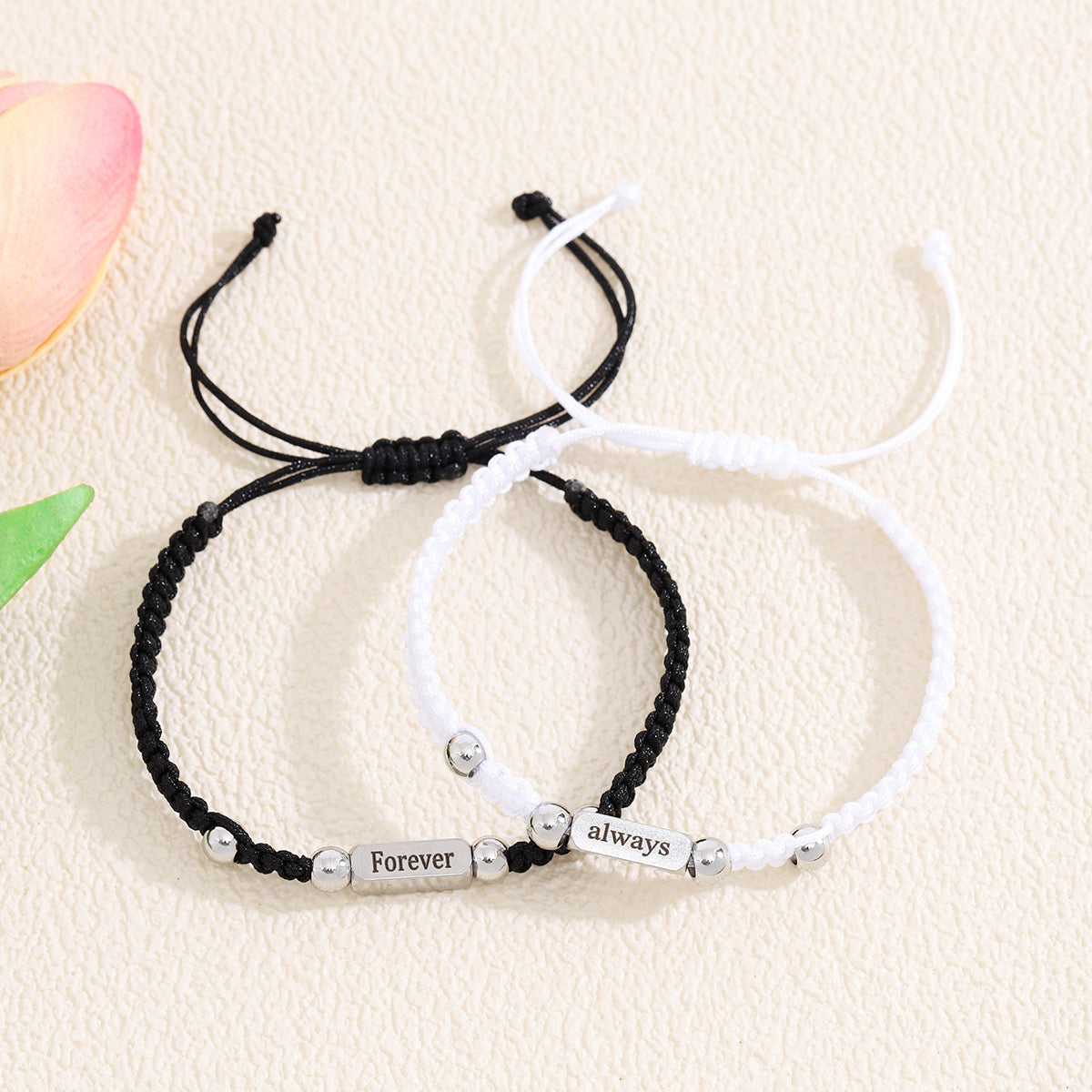 Set of 2 Adjustable Cord Bracelets Forever Always Friendship - BFF Best Friends Forever - Fantasy - Pendant
