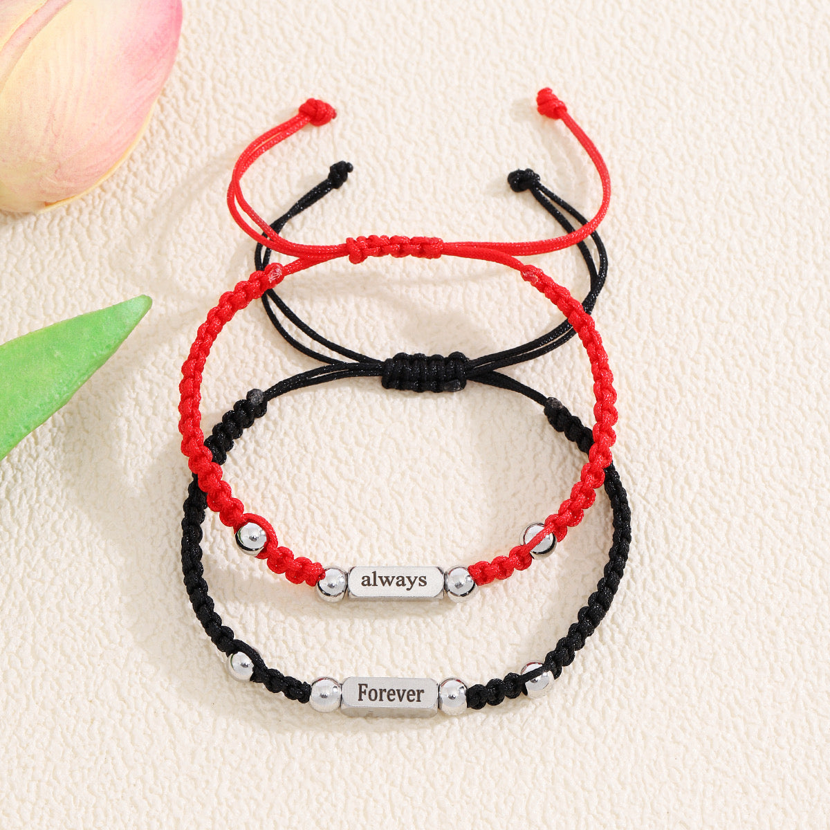 Set of 2 Adjustable Cord Bracelets Forever Always Friendship - BFF Best Friends Forever - Fantasy - Pendant