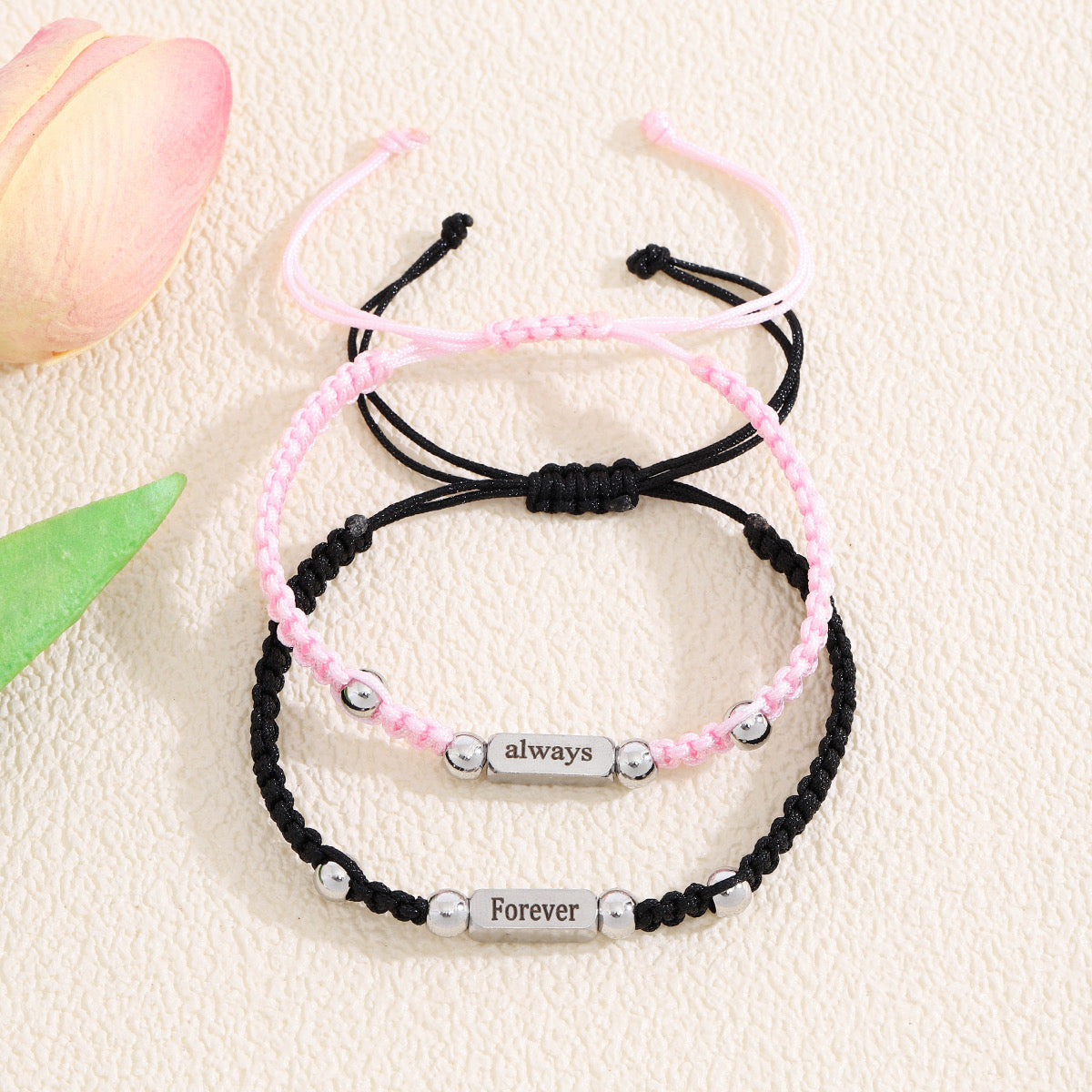 Set of 2 Adjustable Cord Bracelets Forever Always Friendship - BFF Best Friends Forever - Fantasy - Pendant