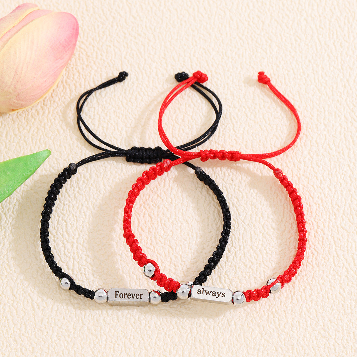 Set of 2 Adjustable Cord Bracelets Forever Always Friendship - BFF Best Friends Forever - Fantasy - Pendant