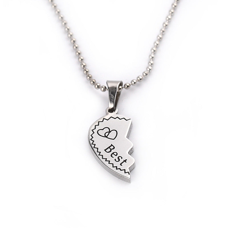 Set of 2 Heart Friendship Necklaces - BFF Best Friends Forever - Fantasy - Silver Pendant and Chain