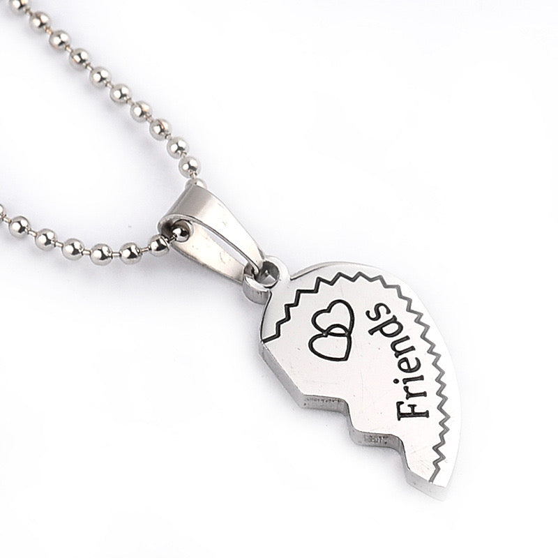 Set of 2 Heart Friendship Necklaces - BFF Best Friends Forever - Fantasy - Silver Pendant and Chain