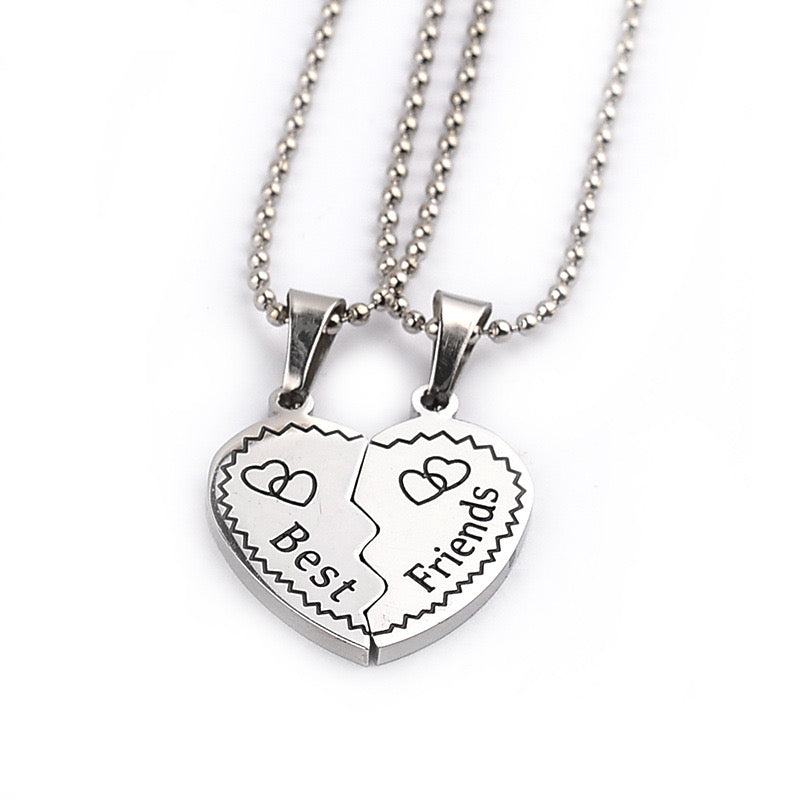 Set of 2 Heart Friendship Necklaces - BFF Best Friends Forever - Fantasy - Silver Pendant and Chain