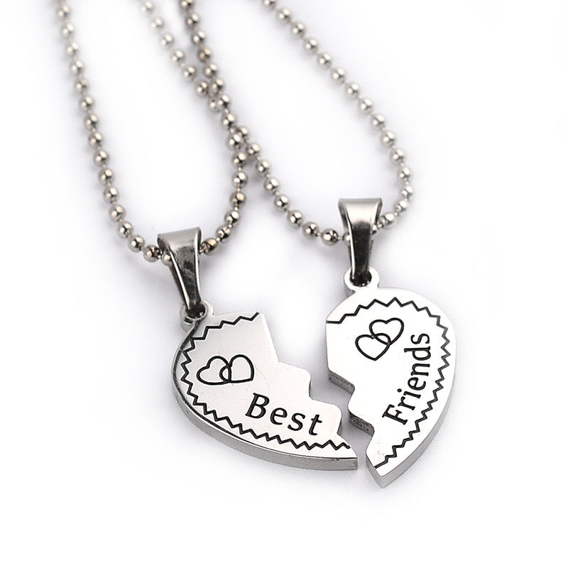 Set of 2 Heart Friendship Necklaces - BFF Best Friends Forever - Fantasy - Silver Pendant and Chain