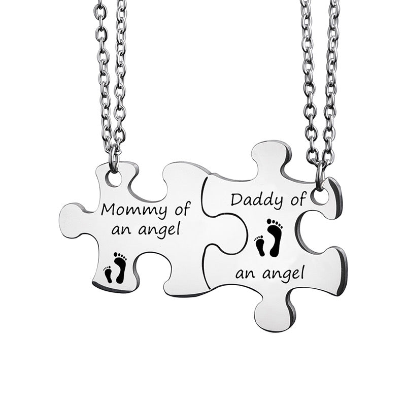 Set of 2 Couple Puzzle Necklaces Chains Father Mother of an Angel - BFF Best Friends - Fantasy - Silver Chain Pendant - Stainless Steel