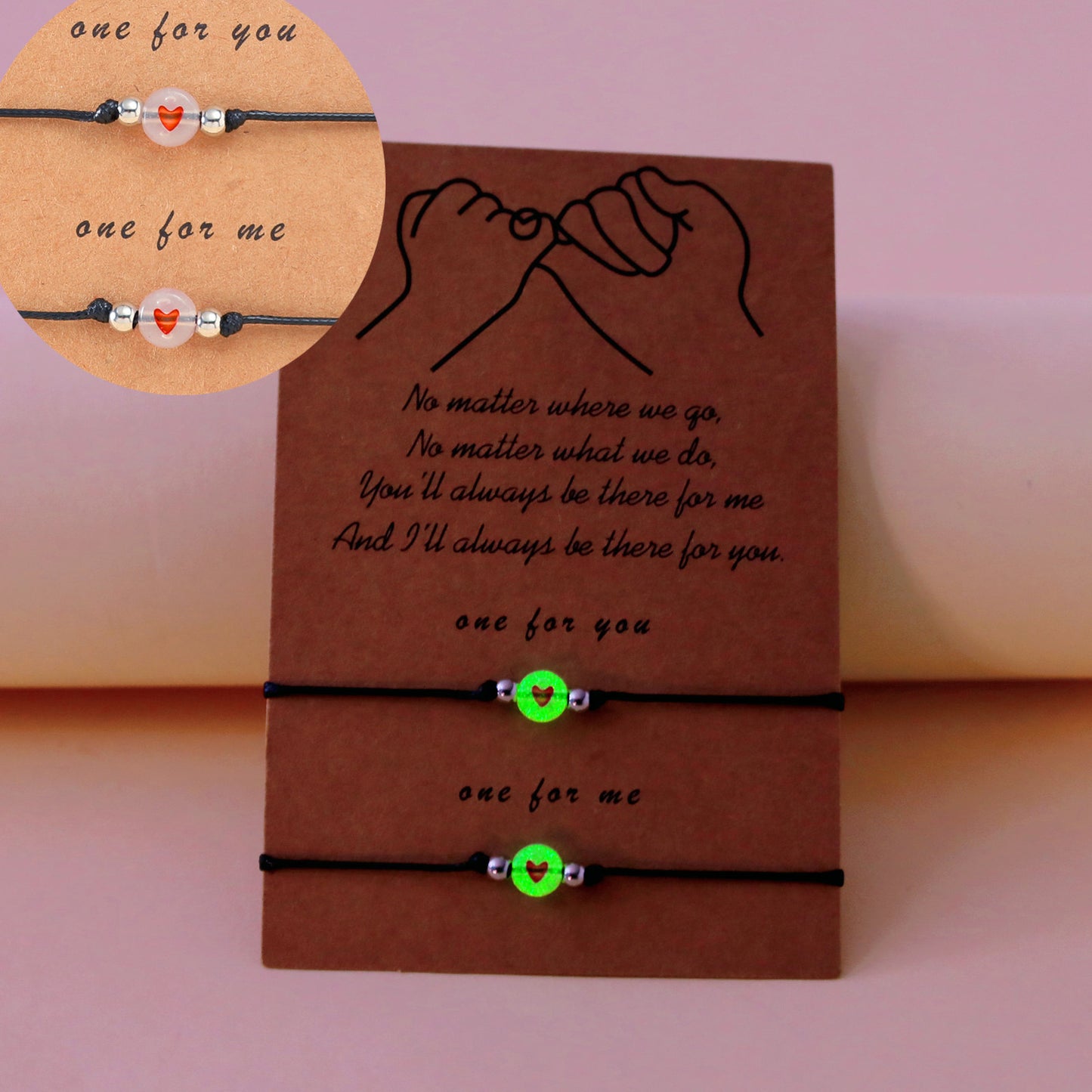 Lot de 2 Bracelets D'amitié Cordon Réglable avec Carte - Petit Coeur Phosphorescent - BFF - Best Friends Forever - Amitié