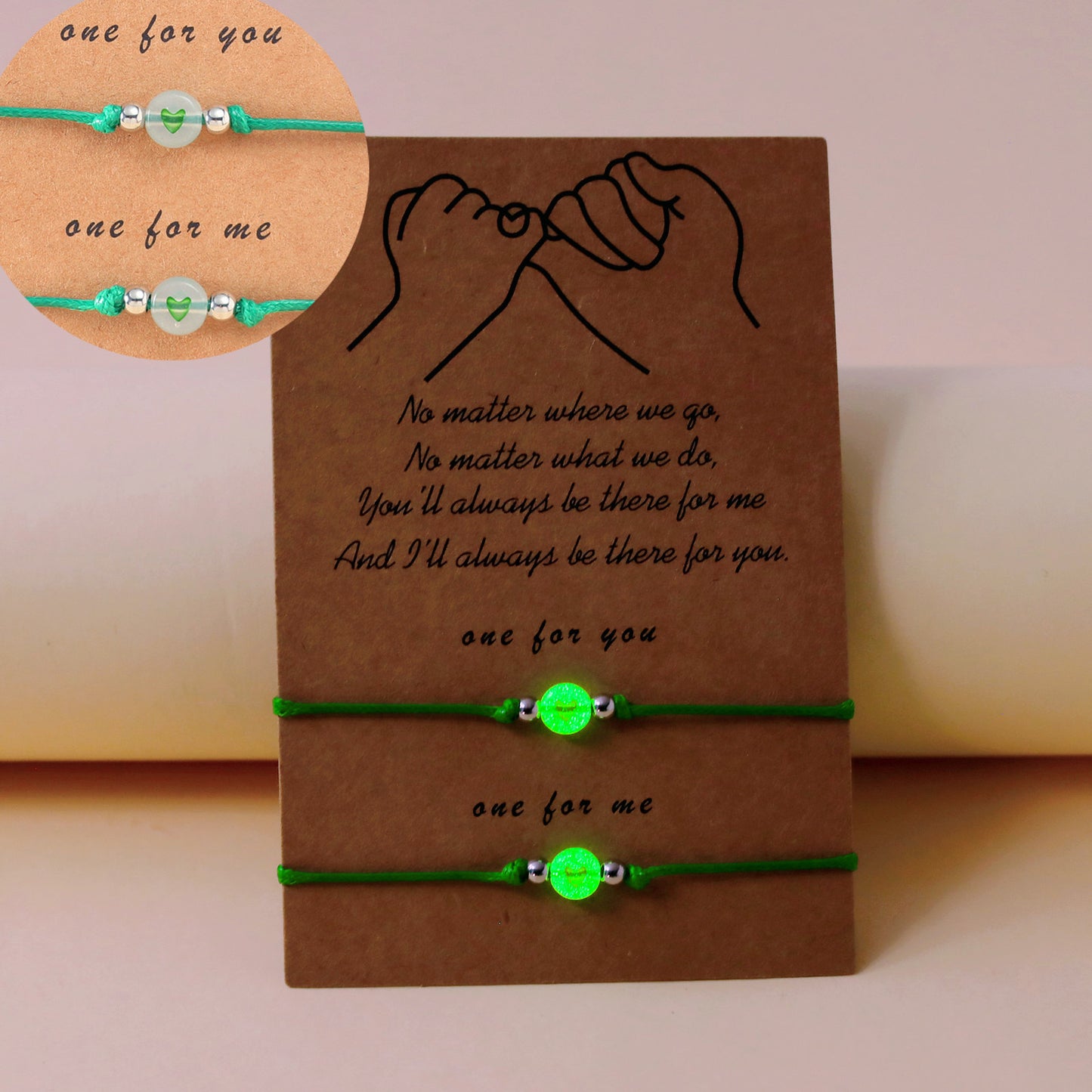 Lot de 2 Bracelets D'amitié Cordon Réglable avec Carte - Petit Coeur Phosphorescent - BFF - Best Friends Forever - Amitié