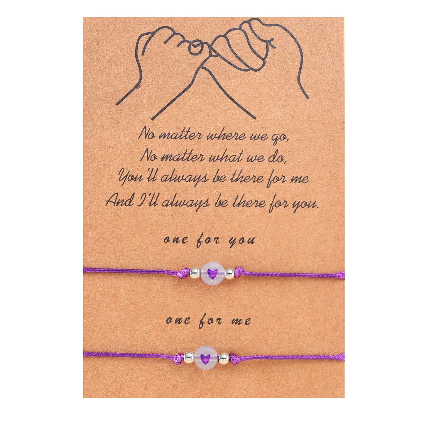 Lot de 2 Bracelets D'amitié Cordon Réglable avec Carte - Petit Coeur Phosphorescent - BFF - Best Friends Forever - Amitié