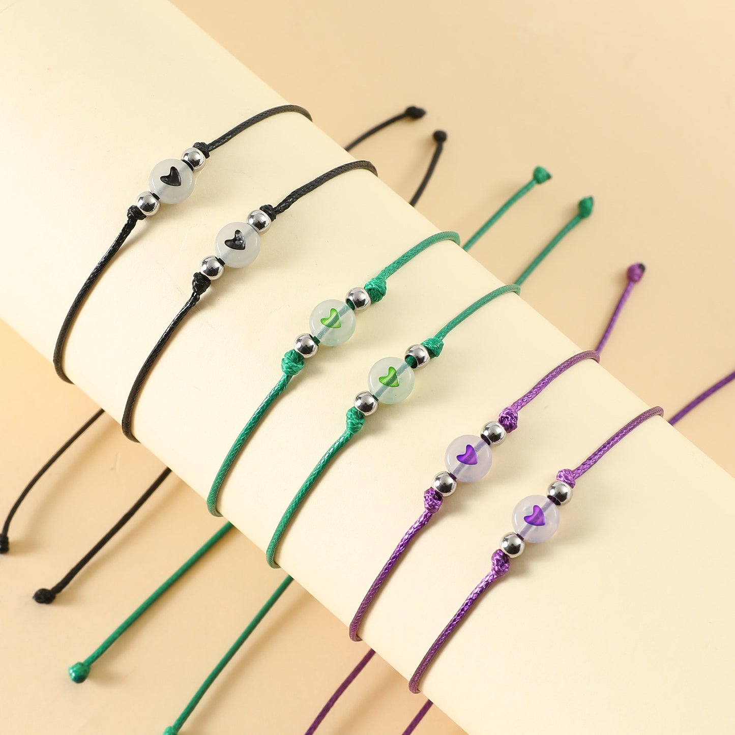 Lot de 2 Bracelets D'amitié Cordon Réglable avec Carte - Petit Coeur Phosphorescent - BFF - Best Friends Forever - Amitié