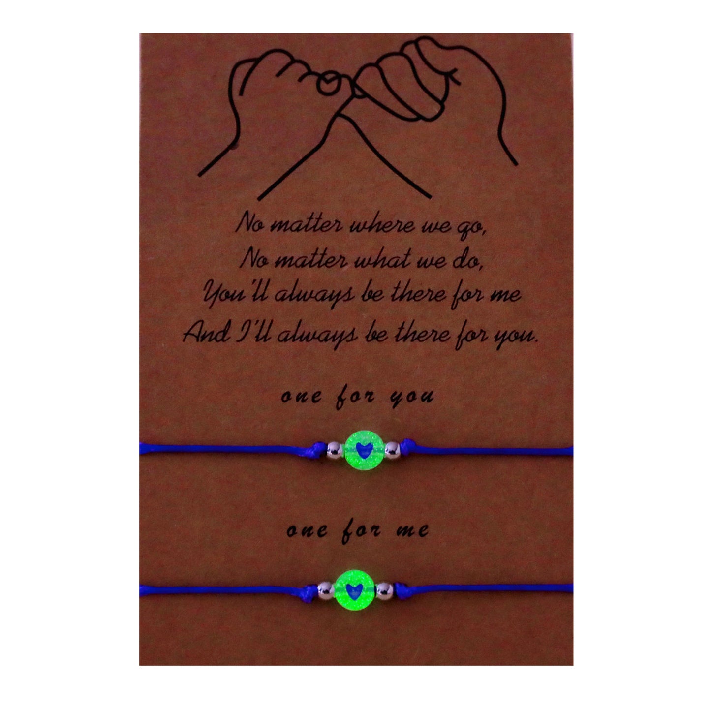 Lot de 2 Bracelets D'amitié Cordon Réglable avec Carte - Petit Coeur Phosphorescent - BFF - Best Friends Forever - Amitié