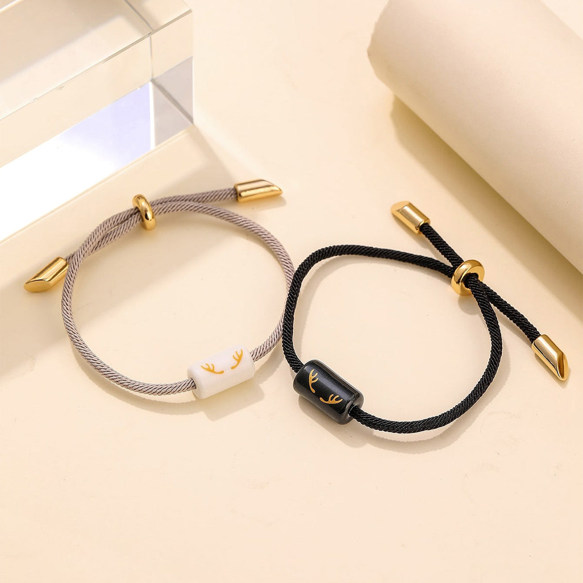 Set mit 2 verstellbaren Freundschaftsarmbändern aus Kordel, beste Freunde – BFF, beste Freunde – ausgefallen – Anhänger mit Elchhörnern – Liebhaber – Paar