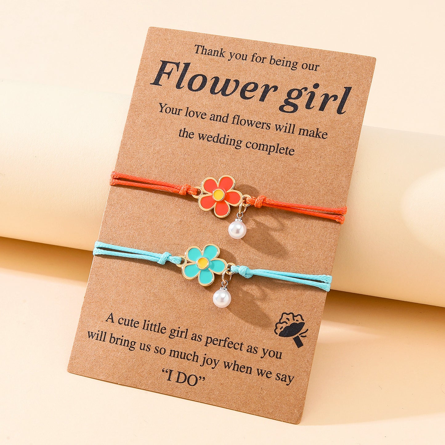 Set of 2 Adjustable Cord Friendship Bracelets Flowers and Pearl - BFF Best Friends Forever - Fantasy - Pearls
