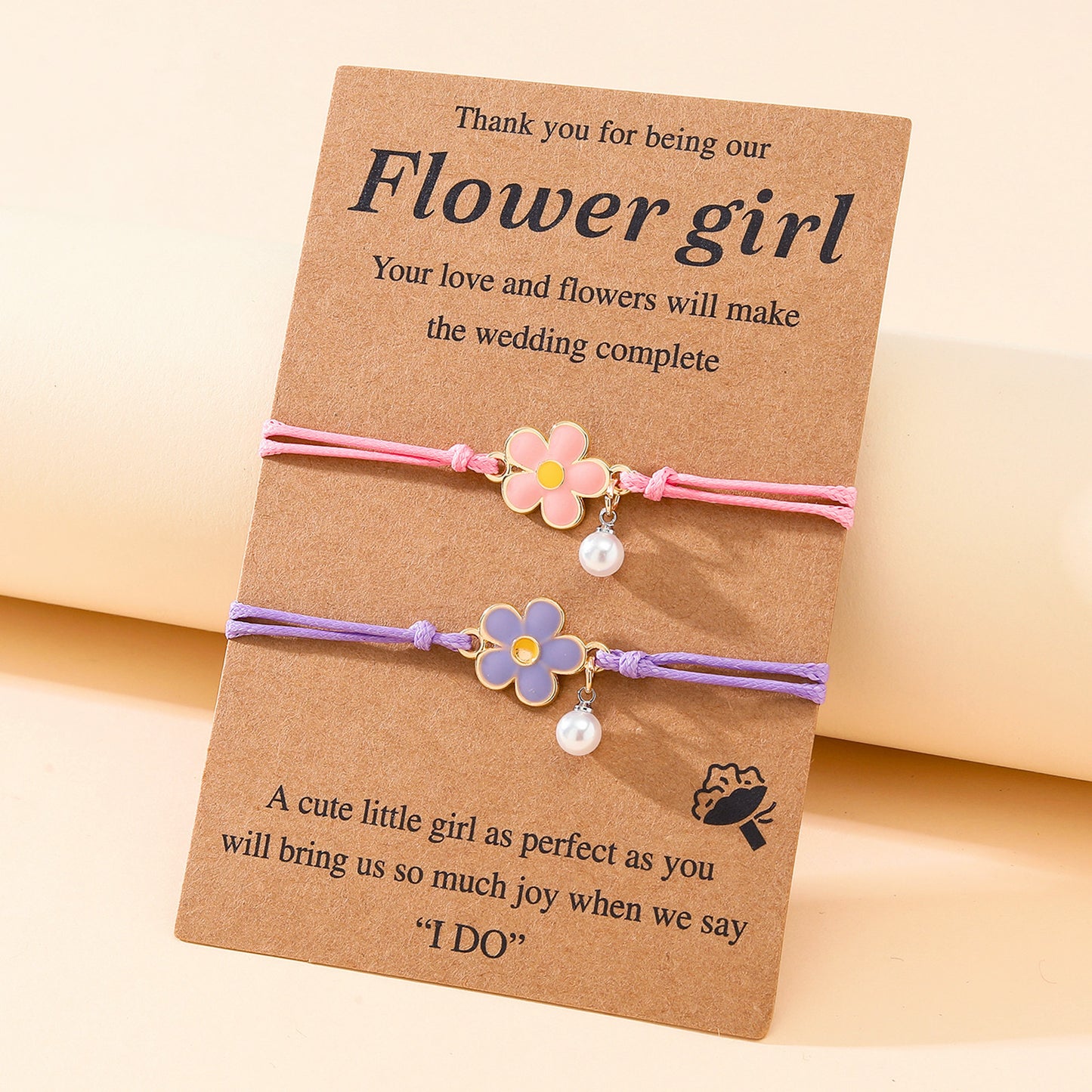 Set of 2 Adjustable Cord Friendship Bracelets Flowers and Pearl - BFF Best Friends Forever - Fantasy - Pearls