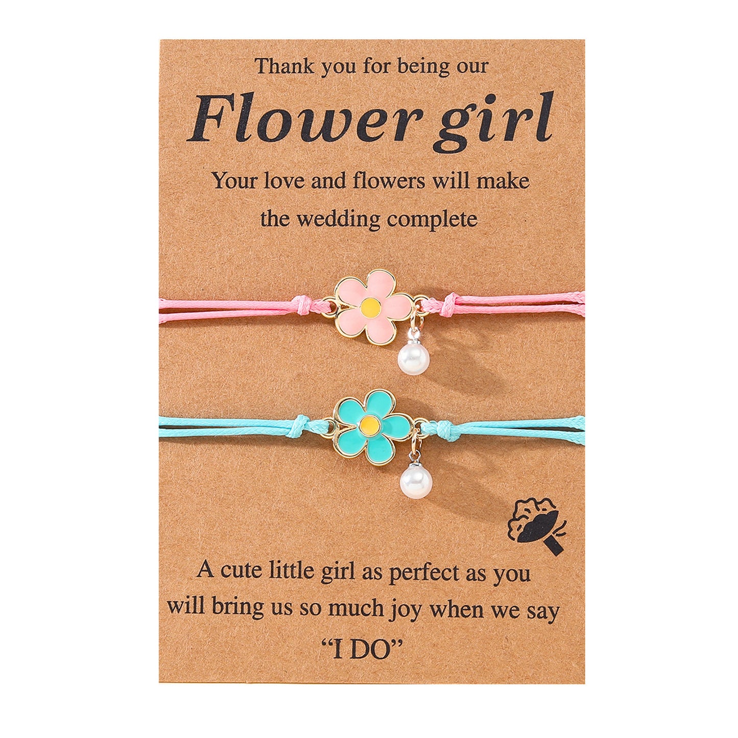 Set of 2 Adjustable Cord Friendship Bracelets Flowers and Pearl - BFF Best Friends Forever - Fantasy - Pearls