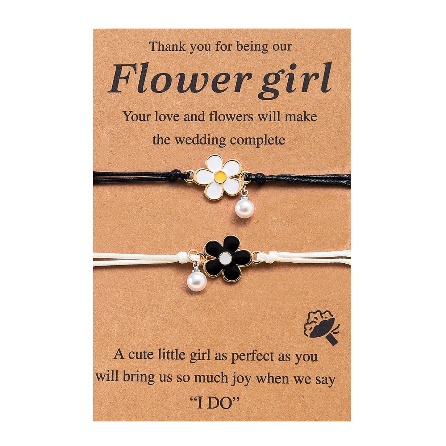 Set of 2 Adjustable Cord Friendship Bracelets Flowers and Pearl - BFF Best Friends Forever - Fantasy - Pearls