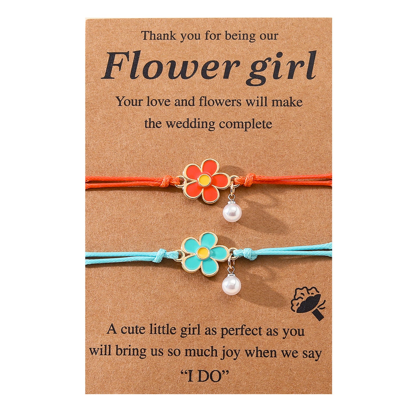 Set of 2 Adjustable Cord Friendship Bracelets Flowers and Pearl - BFF Best Friends Forever - Fantasy - Pearls
