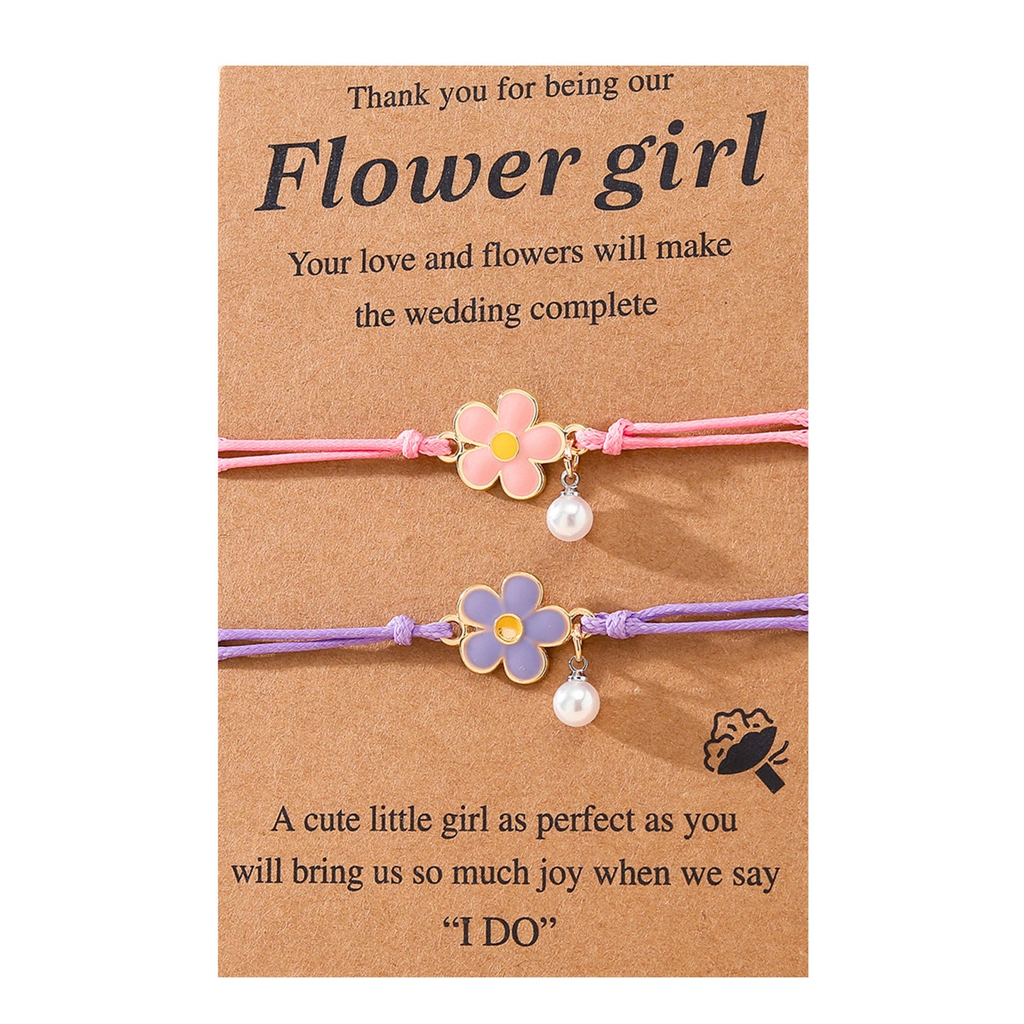 Set of 2 Adjustable Cord Friendship Bracelets Flowers and Pearl - BFF Best Friends Forever - Fantasy - Pearls