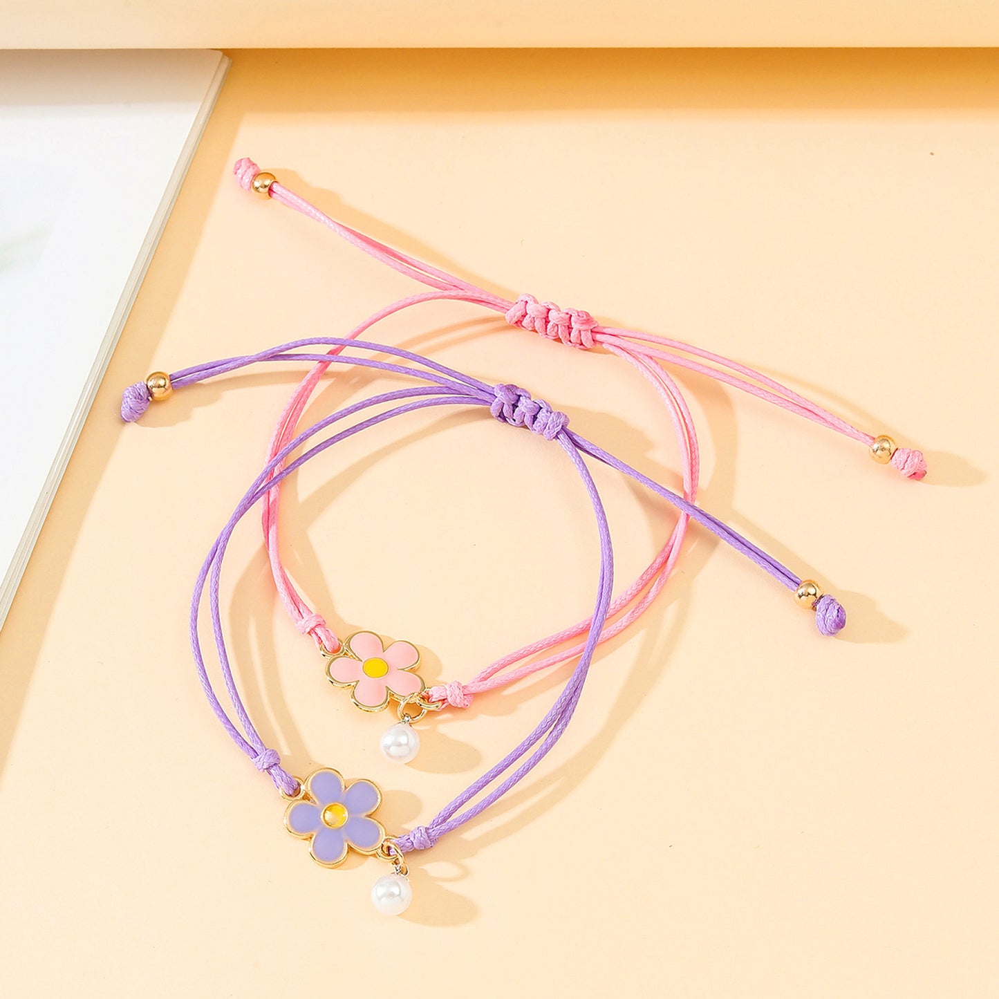 Set of 2 Adjustable Cord Friendship Bracelets Flowers and Pearl - BFF Best Friends Forever - Fantasy - Pearls
