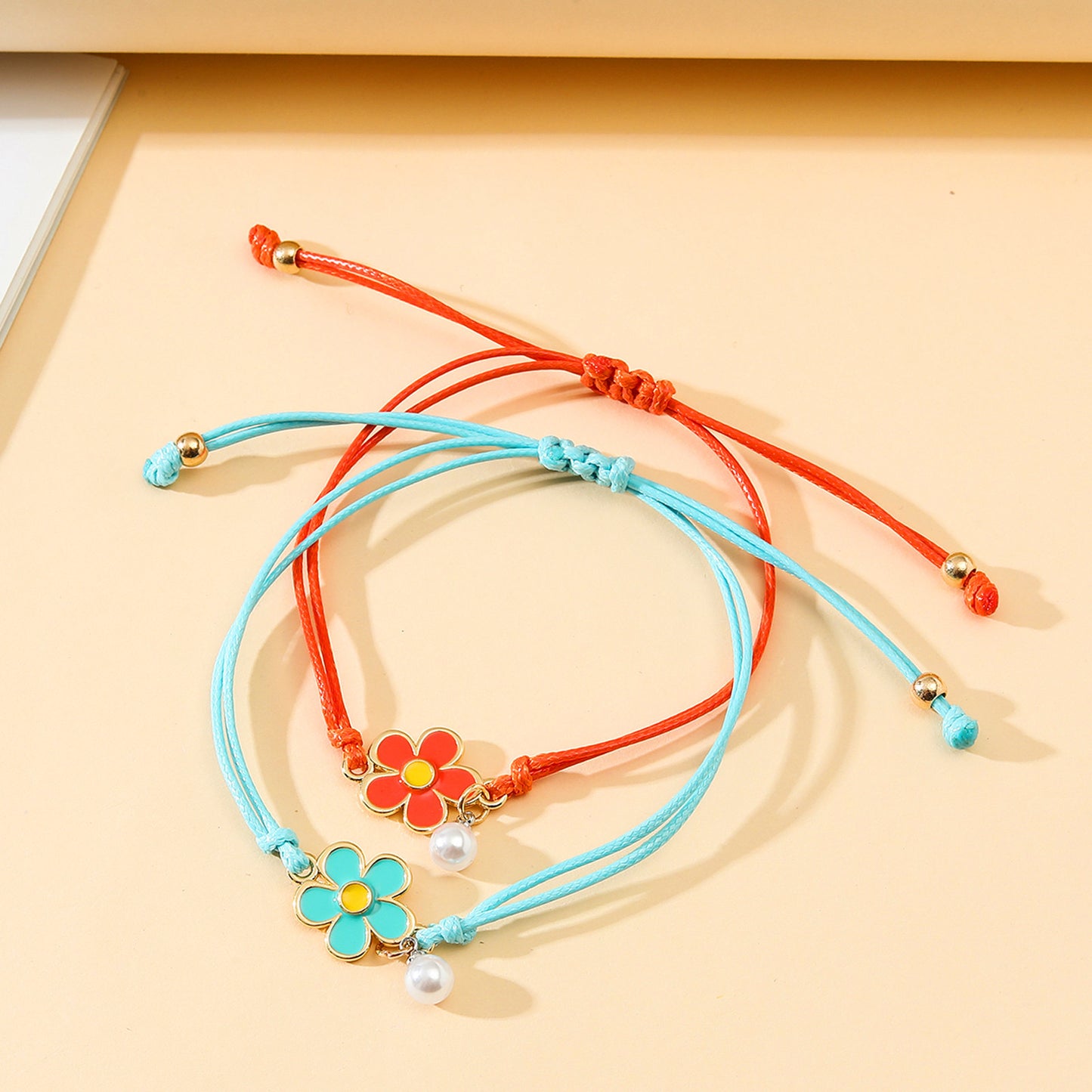 Set of 2 Adjustable Cord Friendship Bracelets Flowers and Pearl - BFF Best Friends Forever - Fantasy - Pearls