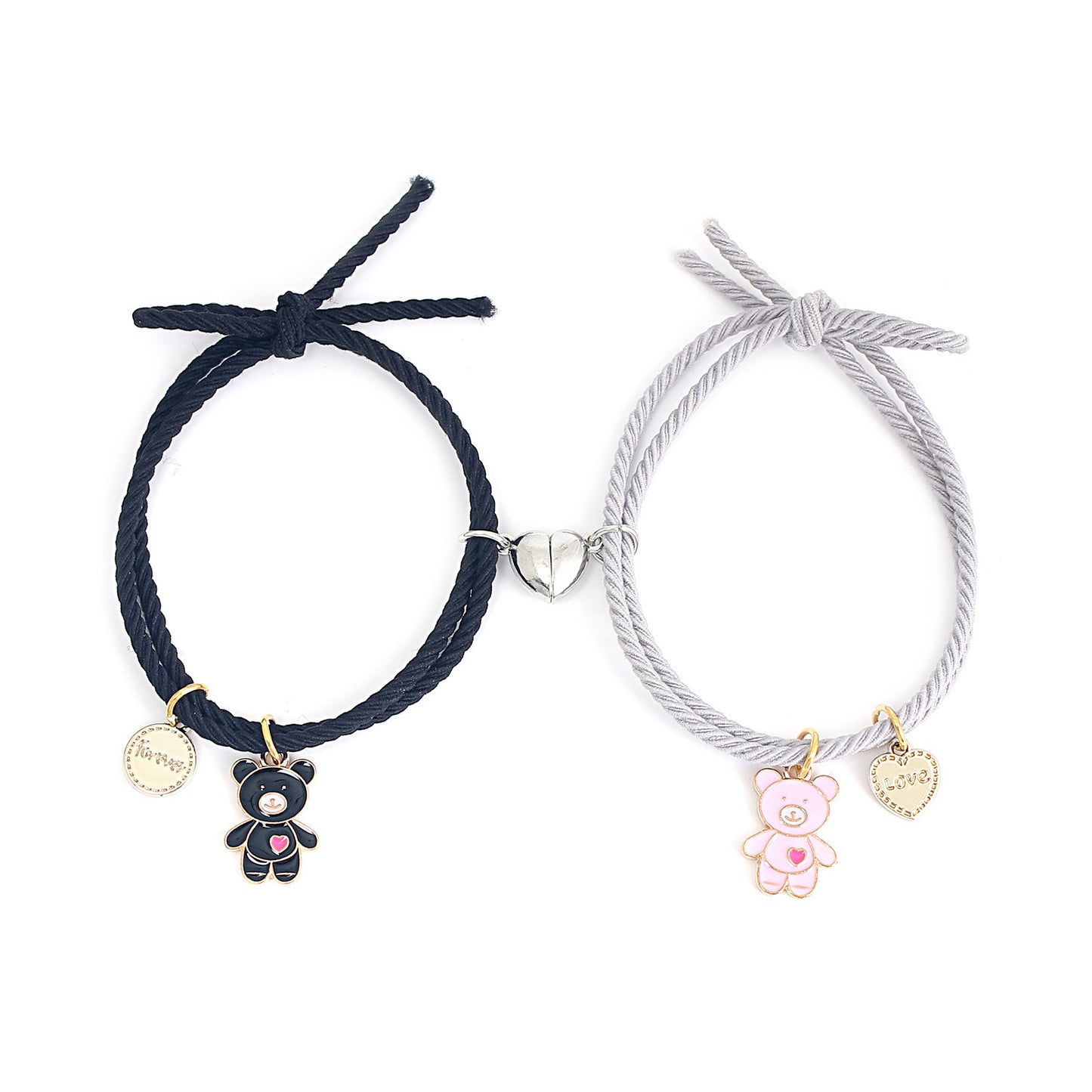 Lot de 2 Bracelets D'amitié Cordon Elastique - Petit Ourson - BFF - Best Friends Forever - Fantaisie - Pendentif Aimanté Coeur