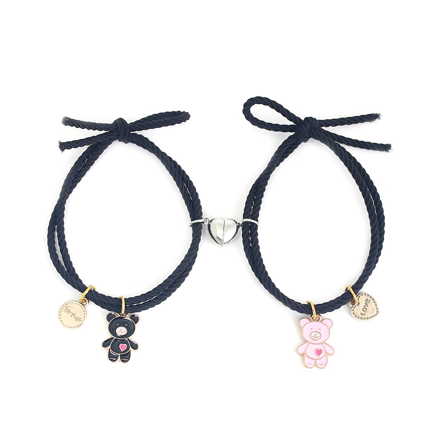 Lot de 2 Bracelets D'amitié Cordon Elastique - Petit Ourson - BFF - Best Friends Forever - Fantaisie - Pendentif Aimanté Coeur