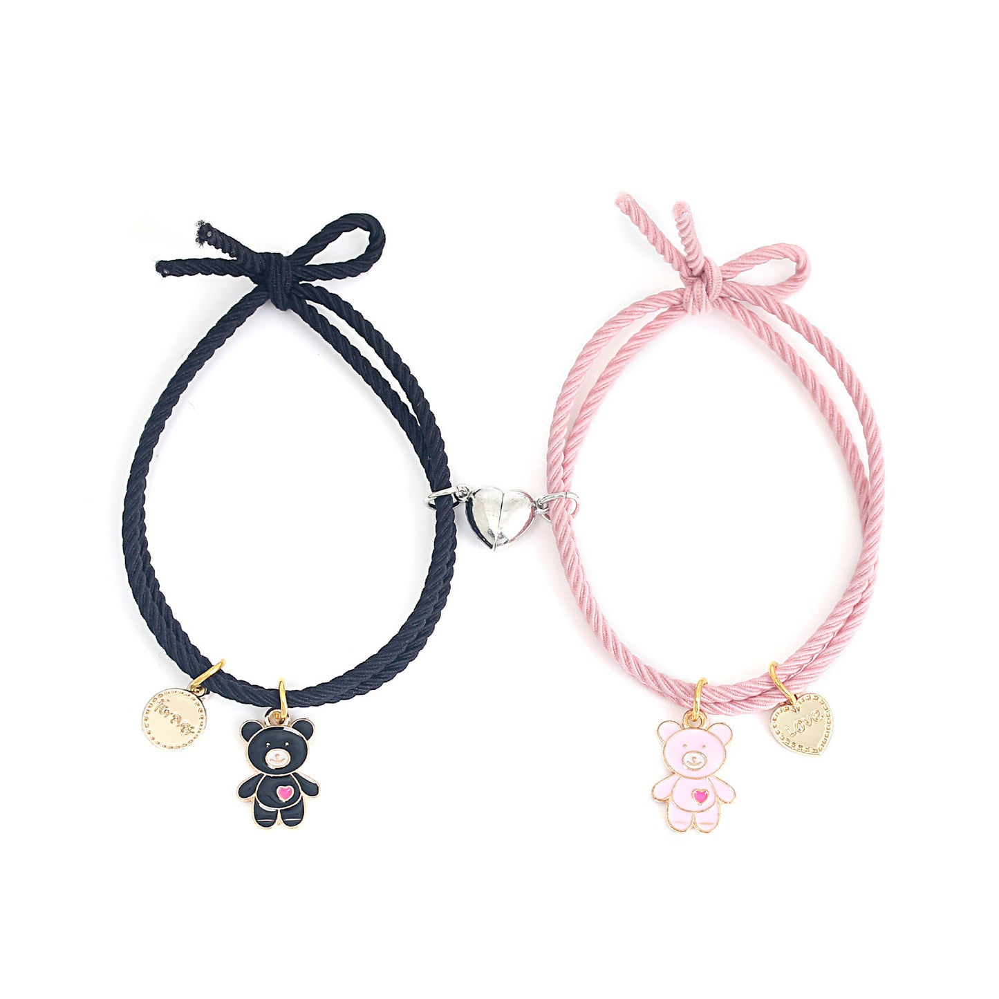 Lot de 2 Bracelets D'amitié Cordon Elastique - Petit Ourson - BFF - Best Friends Forever - Fantaisie - Pendentif Aimanté Coeur