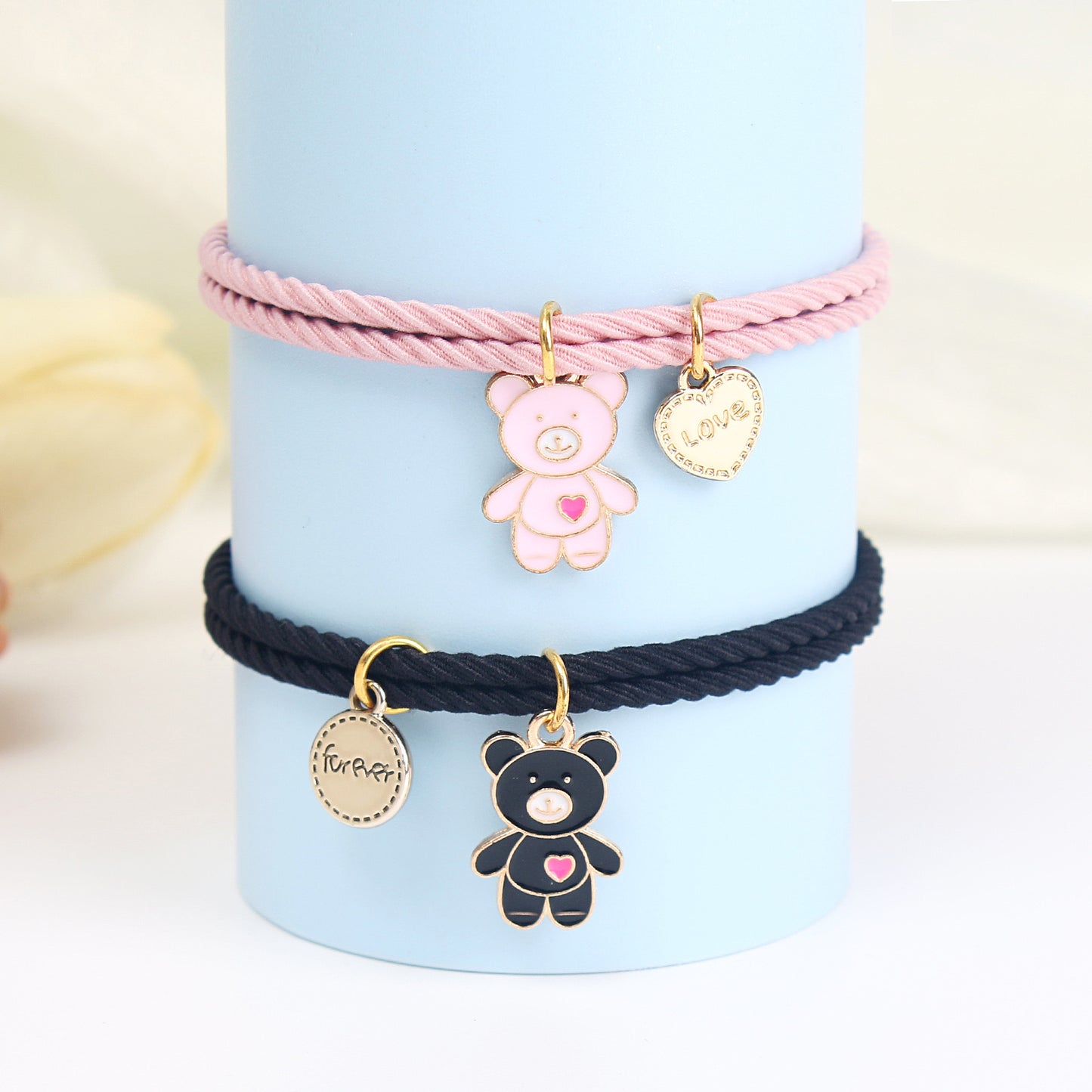 Lot de 2 Bracelets D'amitié Cordon Elastique - Petit Ourson - BFF - Best Friends Forever - Fantaisie - Pendentif Aimanté Coeur