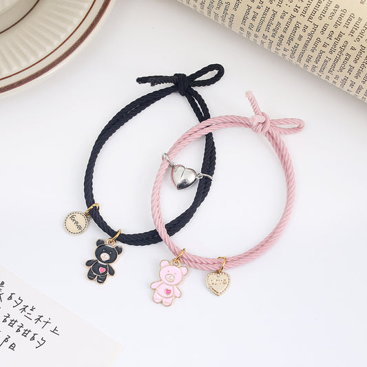Lot de 2 Bracelets D'amitié Cordon Elastique - Petit Ourson - BFF - Best Friends Forever - Fantaisie - Pendentif Aimanté Coeur