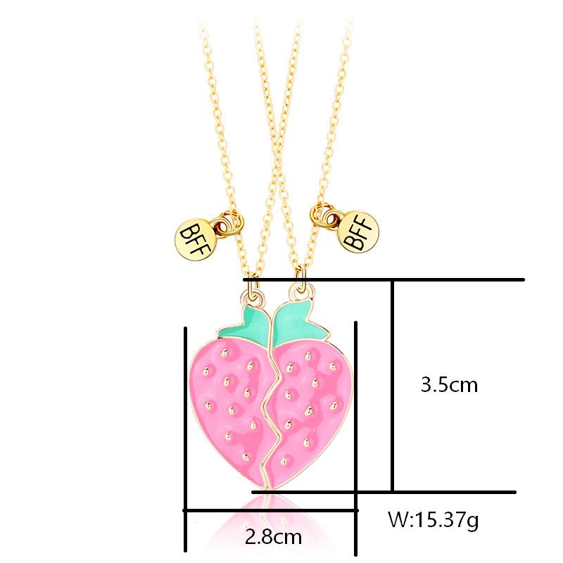 CHILDREN - Set of 2 Fruit Heart Friendship Necklace Chains - BFF Best Friends Forever - Fancy - Cute Magnetic Pendant