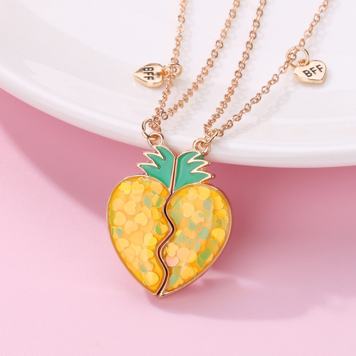 CHILDREN - Set of 2 Fruit Heart Friendship Necklace Chains - BFF Best Friends Forever - Fancy - Cute Magnetic Pendant