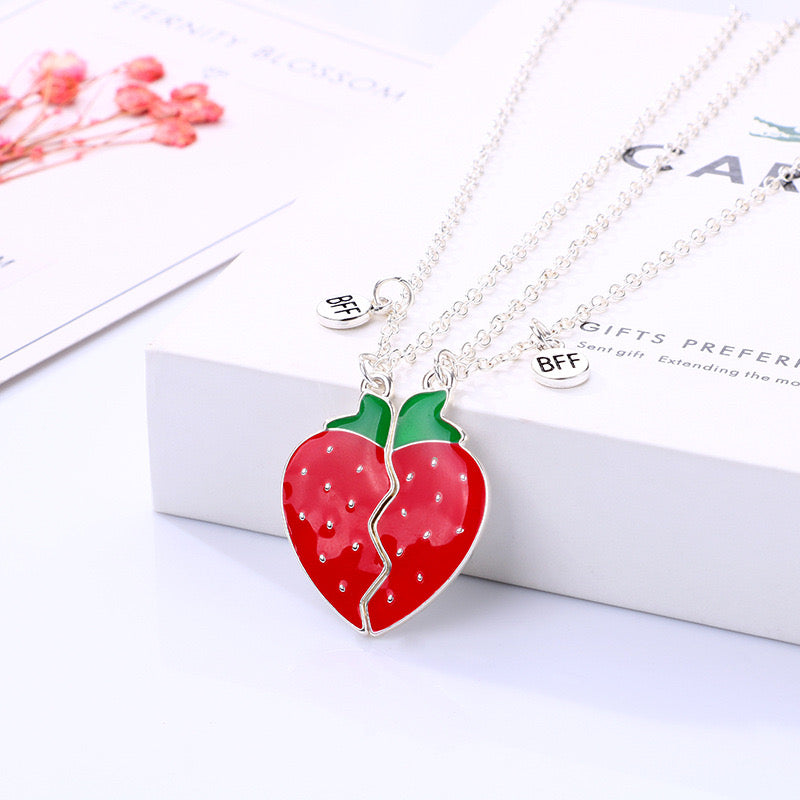 CHILDREN - Set of 2 Fruit Heart Friendship Necklace Chains - BFF Best Friends Forever - Fancy - Cute Magnetic Pendant
