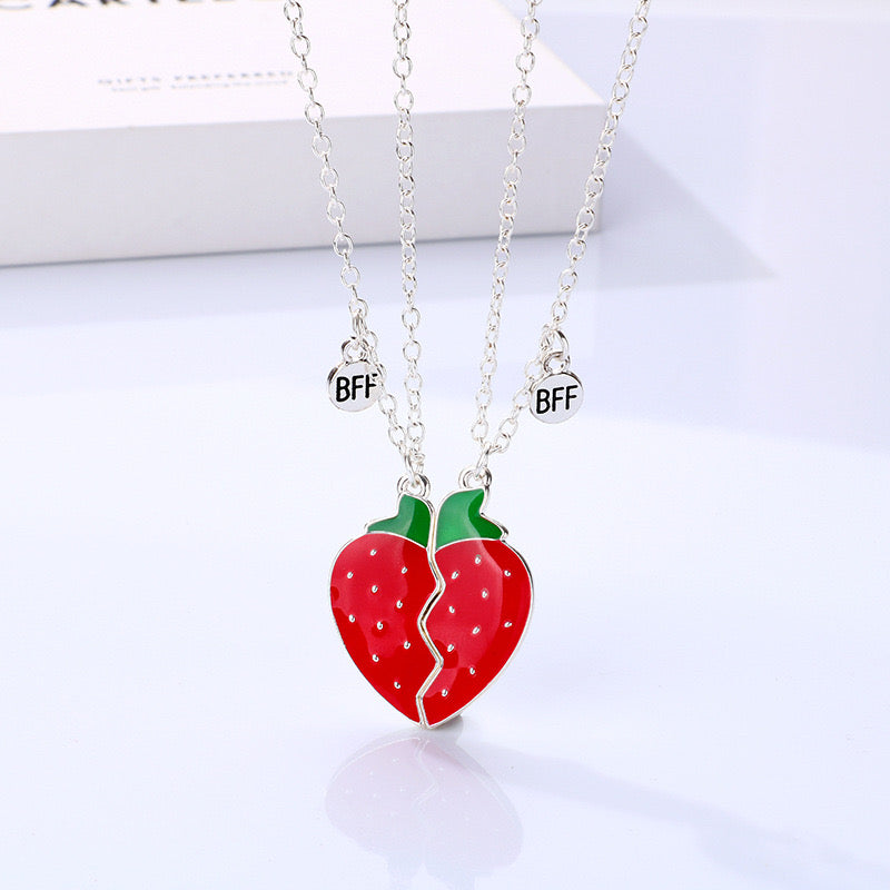 CHILDREN - Set of 2 Fruit Heart Friendship Necklace Chains - BFF Best Friends Forever - Fancy - Cute Magnetic Pendant