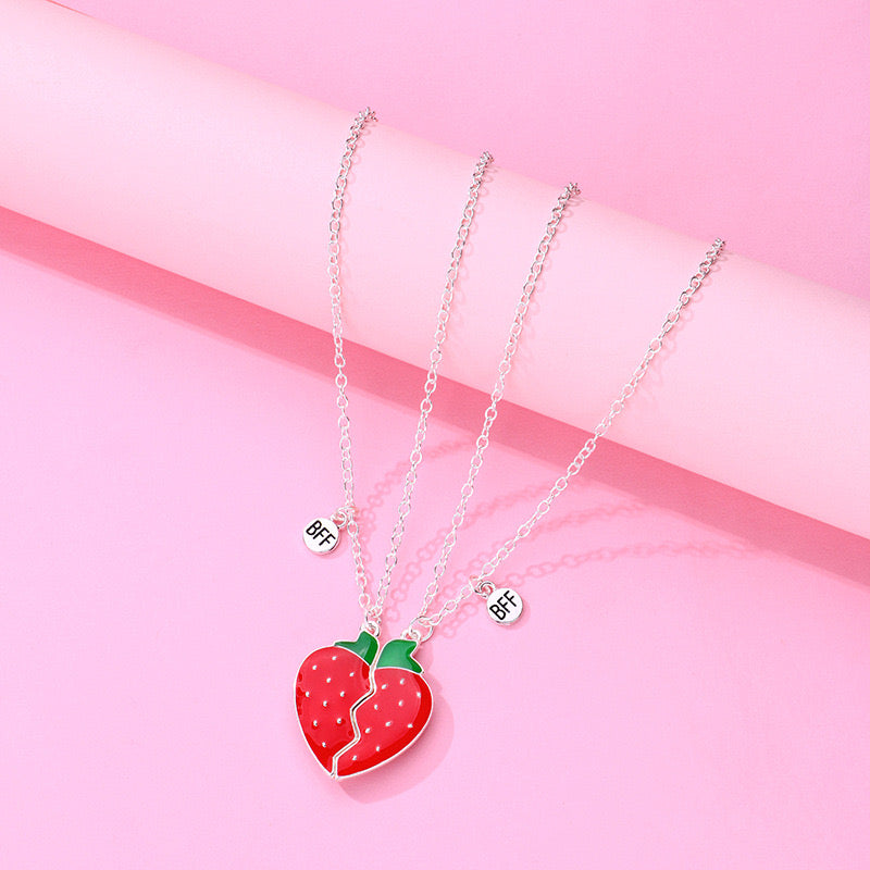 CHILDREN - Set of 2 Fruit Heart Friendship Necklace Chains - BFF Best Friends Forever - Fancy - Cute Magnetic Pendant