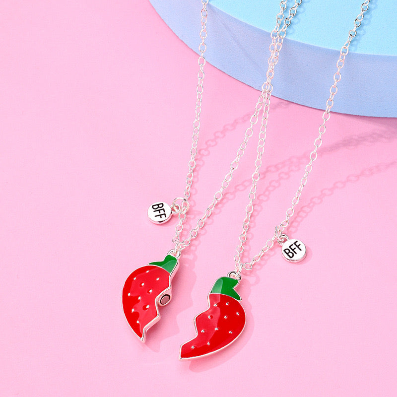 CHILDREN - Set of 2 Fruit Heart Friendship Necklace Chains - BFF Best Friends Forever - Fancy - Cute Magnetic Pendant
