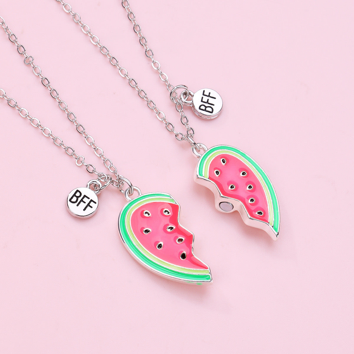 CHILDREN - Set of 2 Fruit Heart Friendship Necklace Chains - BFF Best Friends Forever - Fancy - Cute Magnetic Pendant