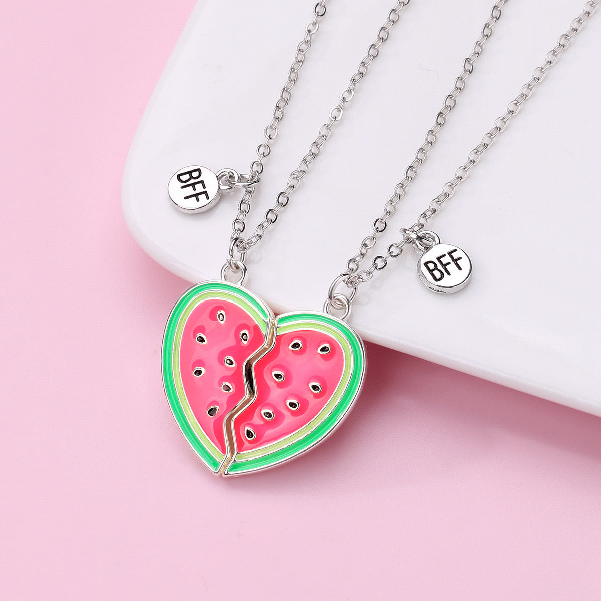 CHILDREN - Set of 2 Fruit Heart Friendship Necklace Chains - BFF Best Friends Forever - Fancy - Cute Magnetic Pendant
