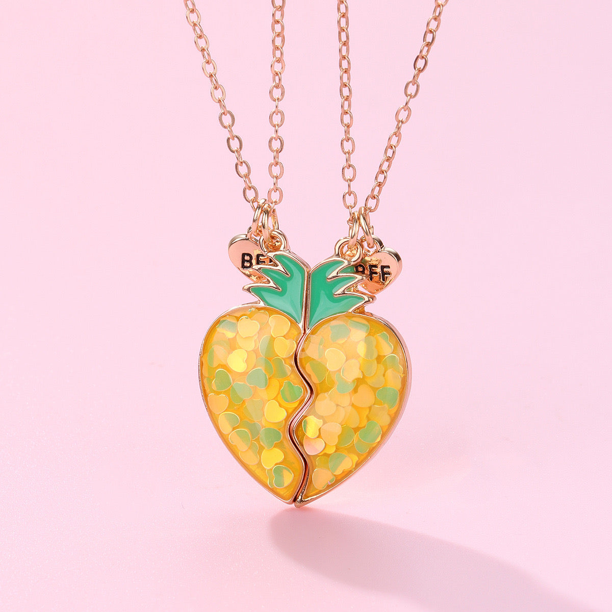 CHILDREN - Set of 2 Fruit Heart Friendship Necklace Chains - BFF Best Friends Forever - Fancy - Cute Magnetic Pendant
