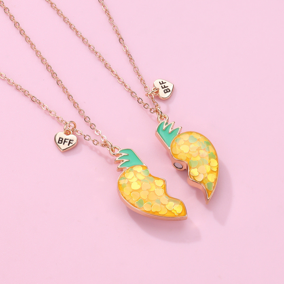 CHILDREN - Set of 2 Fruit Heart Friendship Necklace Chains - BFF Best Friends Forever - Fancy - Cute Magnetic Pendant