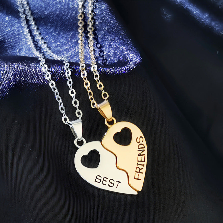 Set of 2 Heart Friendship Necklaces - BFF Best Friends Forever - Fantasy - Silver and Gold Pendant and Chain