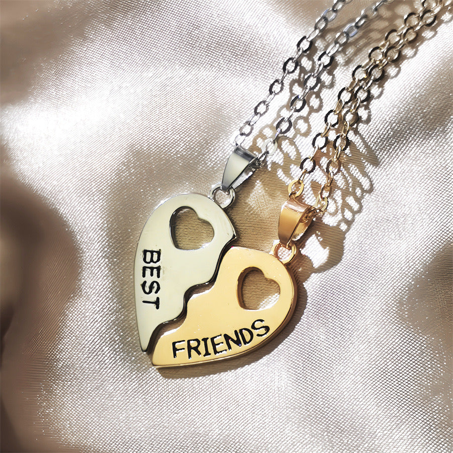 Set of 2 Heart Friendship Necklaces - BFF Best Friends Forever - Fantasy - Silver and Gold Pendant and Chain