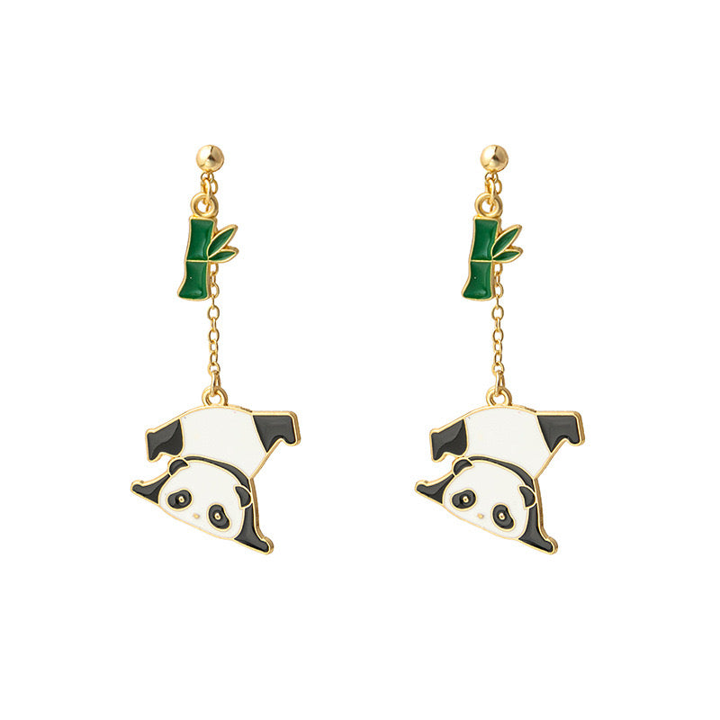 Boucles Oreilles - Pendants d'oreilles - Panda Bambou - Porte Bonheur Chance - Cuivre Plaqué Or