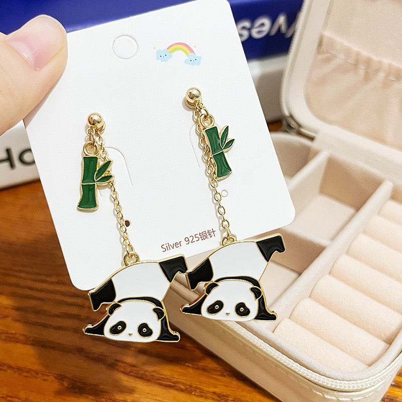Boucles Oreilles - Pendants d'oreilles - Panda Bambou - Porte Bonheur Chance - Cuivre Plaqué Or