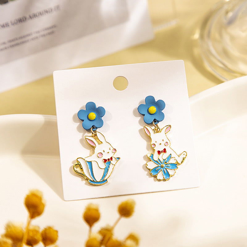 Boucles Oreilles - Pendants d'oreilles - Lapin Tasse Thé - Alice Wonderland - Cuivre Plaqué Or