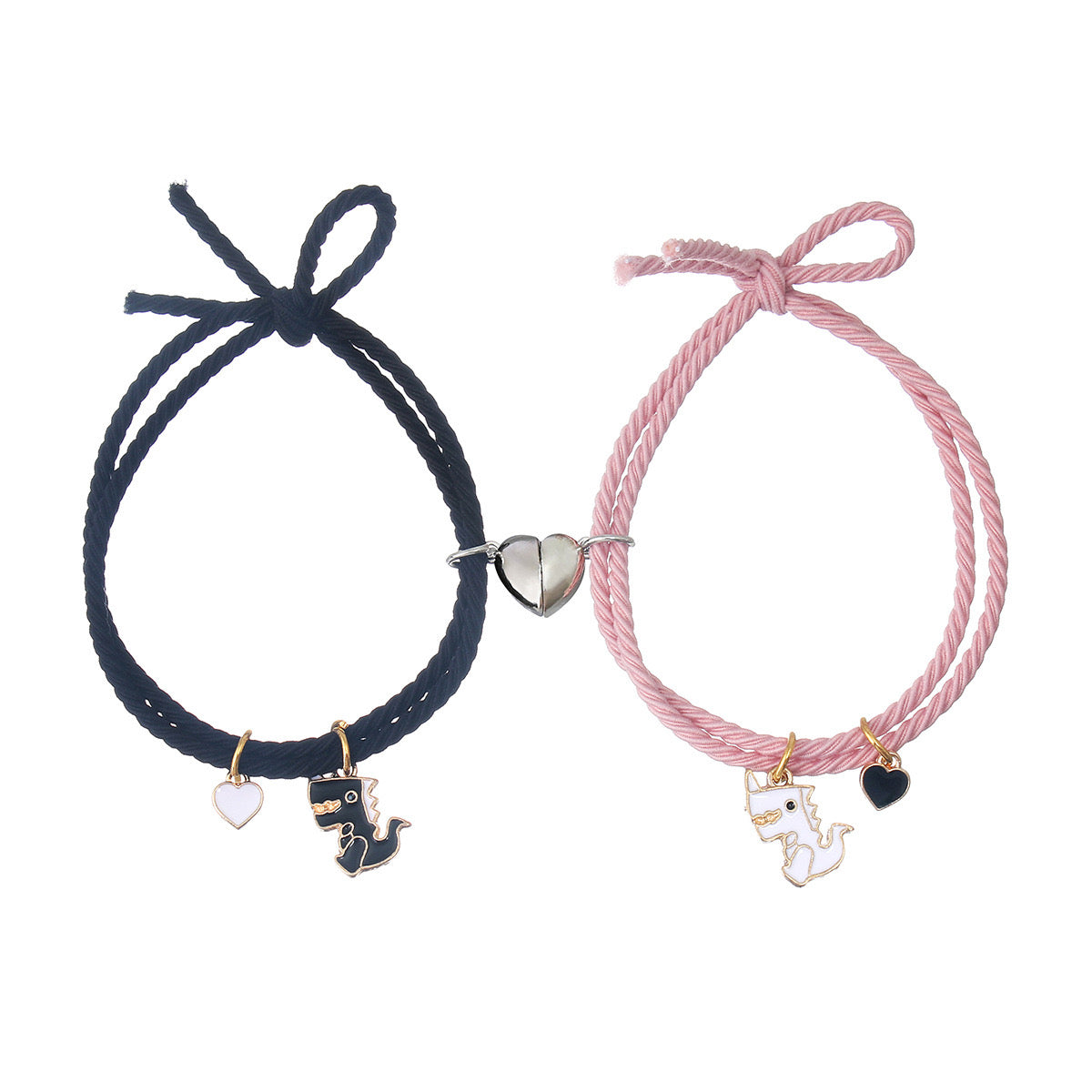 CHILD - Set of 2 Elastic Cord Friendship Bracelets Little Dinosaur - BFF Best Friends Forever - Fantasy - Magnetic Pendant
