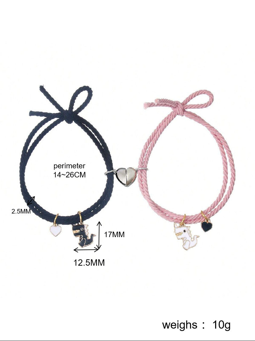 CHILD - Set of 2 Elastic Cord Friendship Bracelets Little Dinosaur - BFF Best Friends Forever - Fantasy - Magnetic Pendant