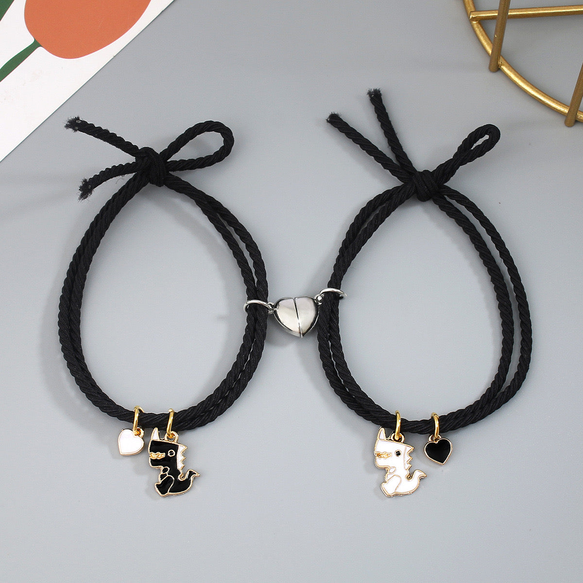 CHILD - Set of 2 Elastic Cord Friendship Bracelets Little Dinosaur - BFF Best Friends Forever - Fantasy - Magnetic Pendant