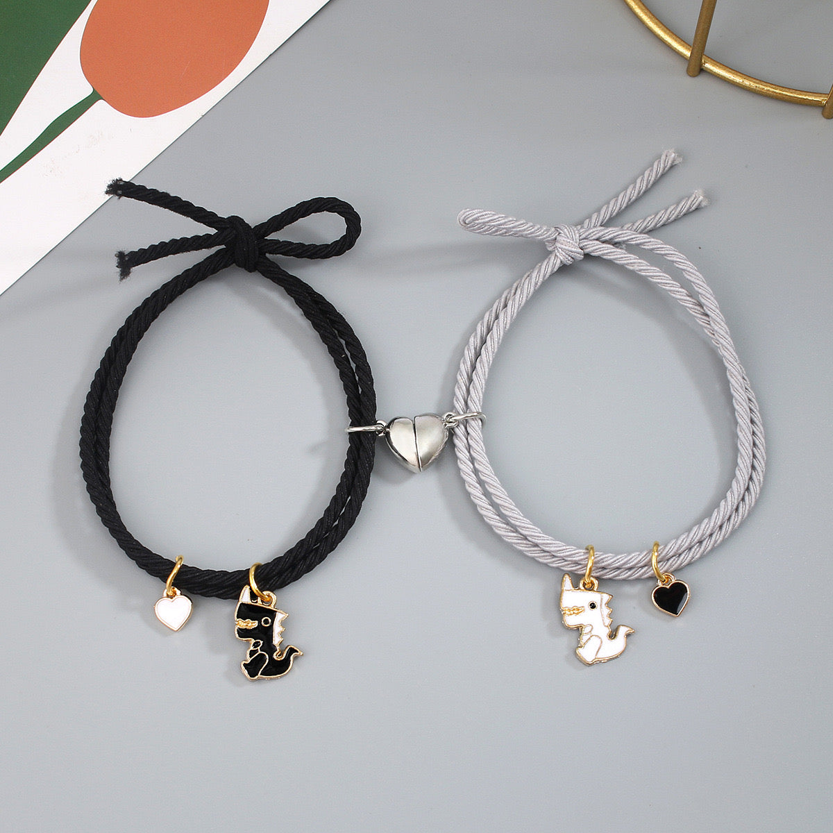 CHILD - Set of 2 Elastic Cord Friendship Bracelets Little Dinosaur - BFF Best Friends Forever - Fantasy - Magnetic Pendant